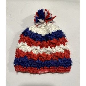 Budweiser Knit Acrylic Winter Hat Pom Pom One Size Red White Blue Warm Exclusive